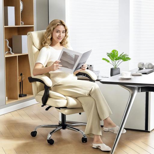 Silla de Escritorio con Reposapiés Respaldo Reclinable Acolchado Grueso Tapizada en Cuero Sintético Beige