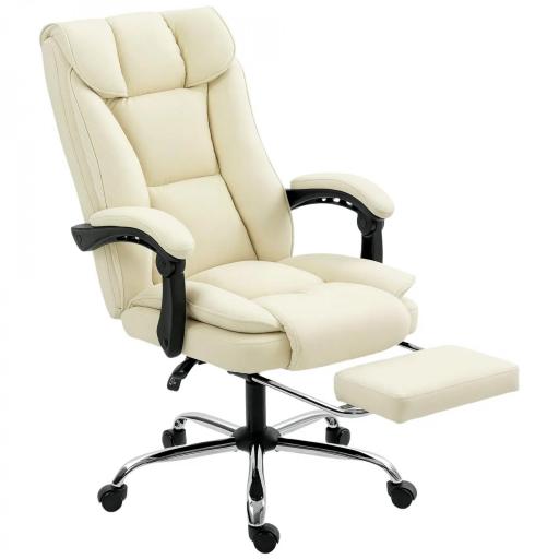 Silla de Escritorio con Reposapiés Respaldo Reclinable Acolchado Grueso Tapizada en Cuero Sintético Beige [8]