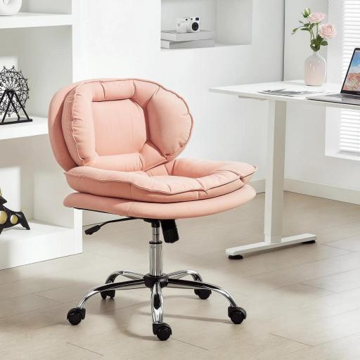 Silla de Oficina Piernas Cruzadas con Asiento Ancho Ruedas Altura Ajustable Doble Acolchado Función Basculante Rosa