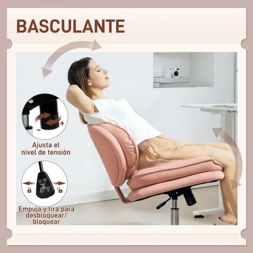 Silla de Oficina Piernas Cruzadas con Asiento Ancho Ruedas Altura Ajustable Doble Acolchado Función Basculante Rosa [5]