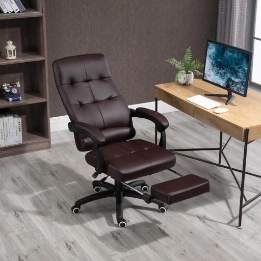 Silla de Oficina Giratoria Silla de Escritorio Reclinable Silla de Estudio Tapizada de PU con Altura Ajustable Reposabrazos Reposapiés 65x65x118-125 cm Marrón