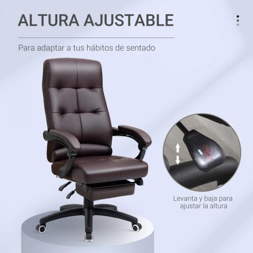 Silla de Oficina Giratoria Silla de Escritorio Reclinable Silla de Estudio Tapizada de PU con Altura Ajustable Reposabrazos Reposapiés 65x65x118-125 cm Marrón [2]