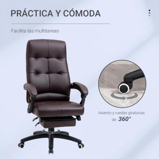 Silla de Oficina Giratoria Silla de Escritorio Reclinable Silla de Estudio Tapizada de PU con Altura Ajustable Reposabrazos Reposapiés 65x65x118-125 cm Marrón [4]