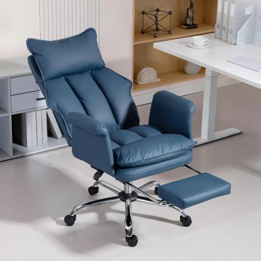 Silla de Escritorio con Reposapiés Respaldo Reclinable Alto Acolchado Grueso Tapizada en Cuero Sintético Ruedas Azul