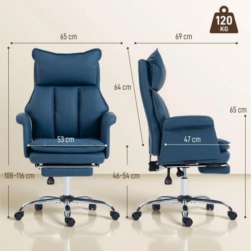 Silla de Escritorio con Reposapiés Respaldo Reclinable Alto Acolchado Grueso Tapizada en Cuero Sintético Ruedas Azul [1]