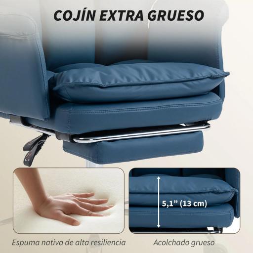 Silla de Escritorio con Reposapiés Respaldo Reclinable Alto Acolchado Grueso Tapizada en Cuero Sintético Ruedas Azul [2]