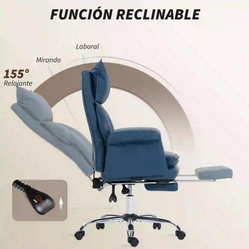 Silla de Escritorio con Reposapiés Respaldo Reclinable Alto Acolchado Grueso Tapizada en Cuero Sintético Ruedas Azul [3]