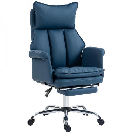 Silla de Escritorio con Reposapiés Respaldo Reclinable Alto Acolchado Grueso Tapizada en Cuero Sintético Ruedas Azul [9]