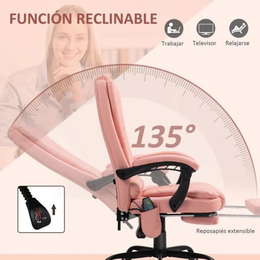 Silla de Oficina con 7 Puntos de Masaje con Reposapiés Retráctil Altura Ajustable Control Remoto y Tejido de PU Rosa [3]