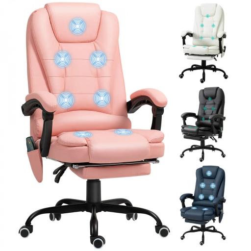 Silla de Oficina con 7 Puntos de Masaje con Reposapiés Retráctil Altura Ajustable Control Remoto y Tejido de PU Rosa [9]