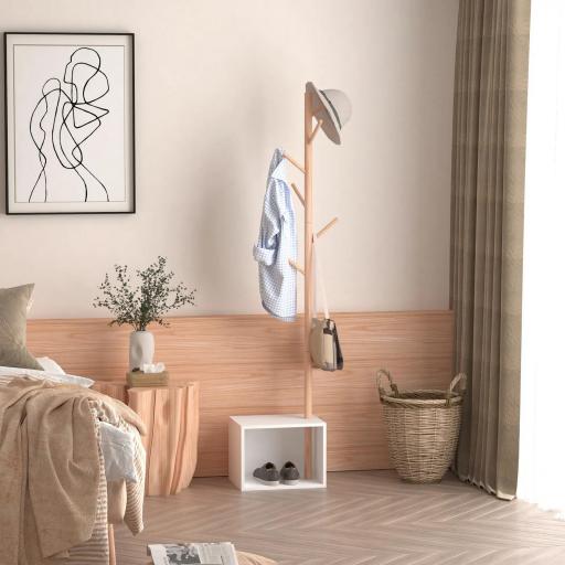 Perchero de Pie con Zapatero Colgador Tipo Árbol Moderno 6 Ganchos para Colgar Ropa Bolsa Banco con Almacenamiento Pasillo Entrada Bambú y MDF 40x30x180cm [7]