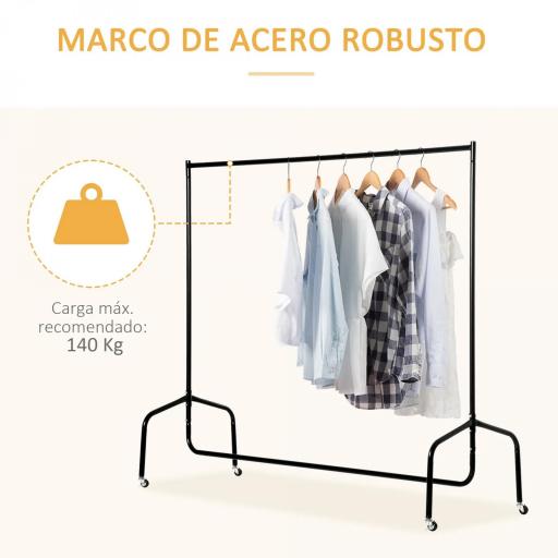 Burro para Ropa con Ruedas Perchero Burro para Ropa Metálico para Entrada Pasillo Dormitorio 150x60x170 cm Negro [4]