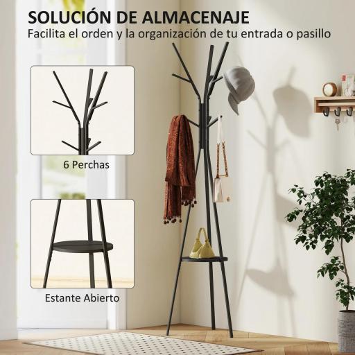 Perchero de Pie Forma de Árbol Perchero para Ropa de Metal con 9 Ganchos y Estante Perchero Vintage 45x45x180 cm Negro [2]