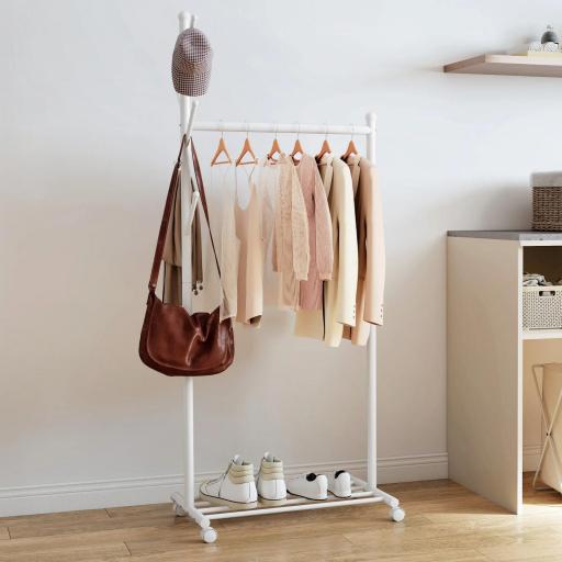 Burro para Ropa con Ruedas 5 Ganchos Barra para Colgar y Balda Inferior para Recibidor Entrada 68x43x171 cm Blanco