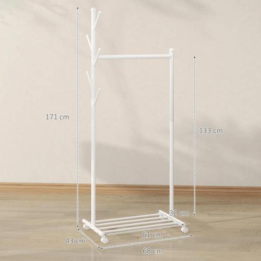 Burro para Ropa con Ruedas 5 Ganchos Barra para Colgar y Balda Inferior para Recibidor Entrada 68x43x171 cm Blanco [1]