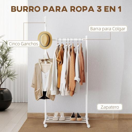 Burro para Ropa con Ruedas 5 Ganchos Barra para Colgar y Balda Inferior para Recibidor Entrada 68x43x171 cm Blanco [2]