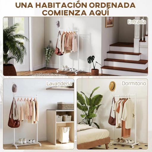 Burro para Ropa con Ruedas 5 Ganchos Barra para Colgar y Balda Inferior para Recibidor Entrada 68x43x171 cm Blanco [3]