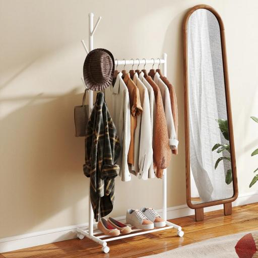 Burro para Ropa con Ruedas 5 Ganchos Barra para Colgar y Balda Inferior para Recibidor Entrada 68x43x171 cm Blanco [4]