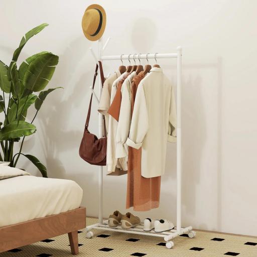 Burro para Ropa con Ruedas 5 Ganchos Barra para Colgar y Balda Inferior para Recibidor Entrada 68x43x171 cm Blanco [6]