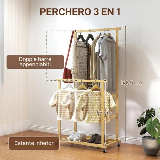 Perchero Colgador de Ropa de Bambú con Ruedas Estante para Zapatos 2 Barras para Colgar 80x40x160 cm Natural [3]