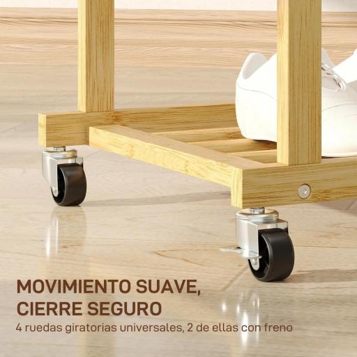 Perchero Colgador de Ropa de Bambú con Ruedas Estante para Zapatos 2 Barras para Colgar 80x40x160 cm Natural [2]