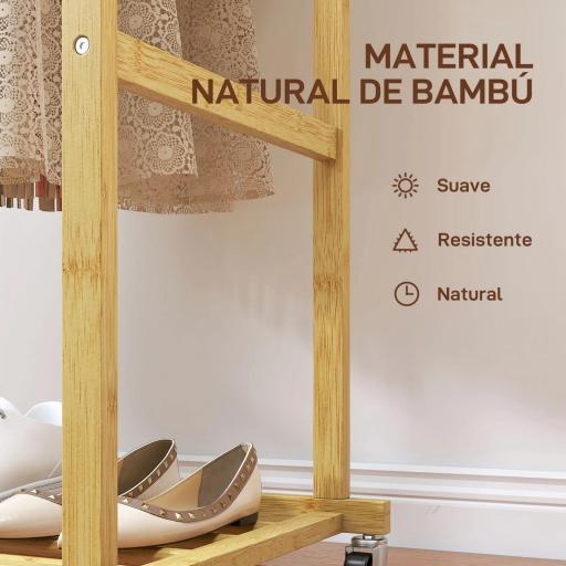 Perchero Colgador de Ropa de Bambú con Ruedas Estante para Zapatos 2 Barras para Colgar 80x40x160 cm Natural [4]