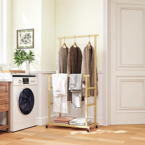 Perchero Colgador de Ropa de Bambú con Ruedas Estante para Zapatos 2 Barras para Colgar 80x40x160 cm Natural [7]