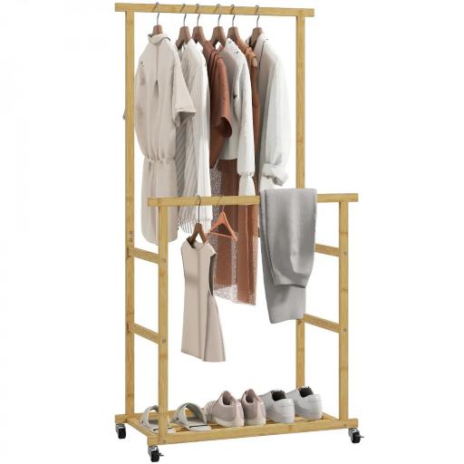 Perchero Colgador de Ropa de Bambú con Ruedas Estante para Zapatos 2 Barras para Colgar 80x40x160 cm Natural [9]