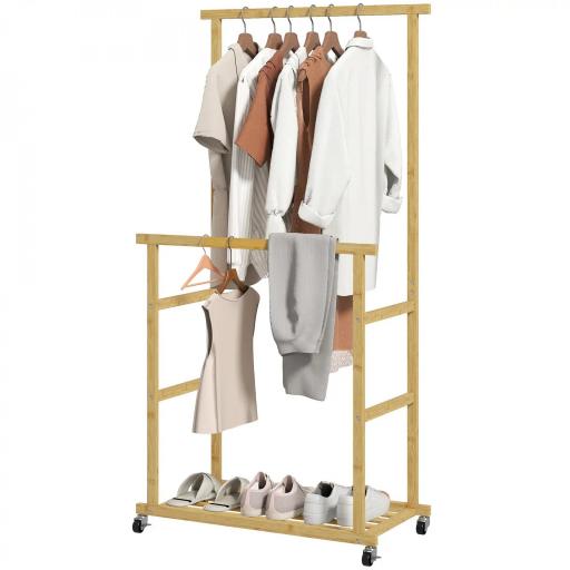 Perchero Colgador de Ropa de Bambú con Ruedas Estante para Zapatos 2 Barras para Colgar 80x40x160 cm Natural [8]