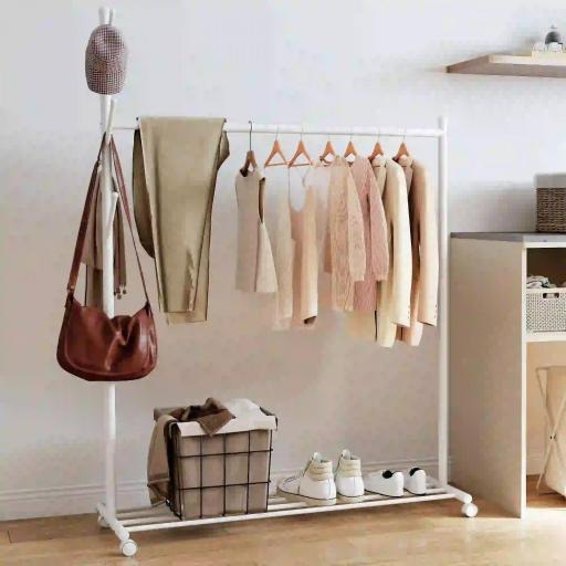 Burro para Ropa con Ruedas 5 Ganchos Barra para Colgar y Balda Inferior para Recibidor Entrada 120x43x171 cm Blanco