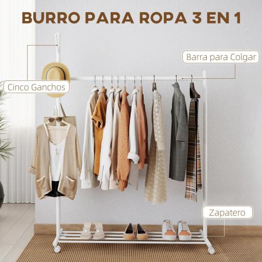 Burro para Ropa con Ruedas 5 Ganchos Barra para Colgar y Balda Inferior para Recibidor Entrada 120x43x171 cm Blanco [3]
