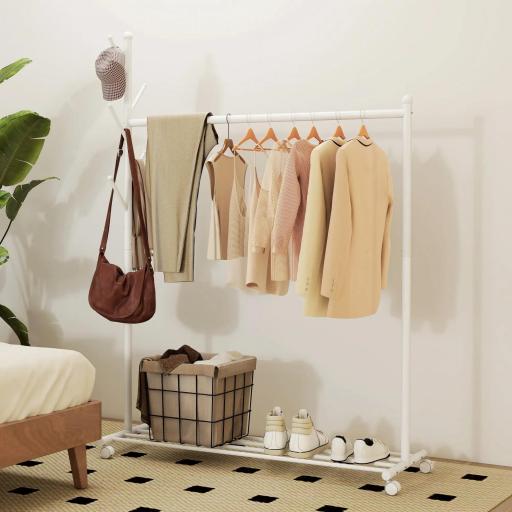 Burro para Ropa con Ruedas 5 Ganchos Barra para Colgar y Balda Inferior para Recibidor Entrada 120x43x171 cm Blanco [6]