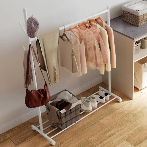 Burro para Ropa con Ruedas 5 Ganchos Barra para Colgar y Balda Inferior para Recibidor Entrada 120x43x171 cm Blanco [7]