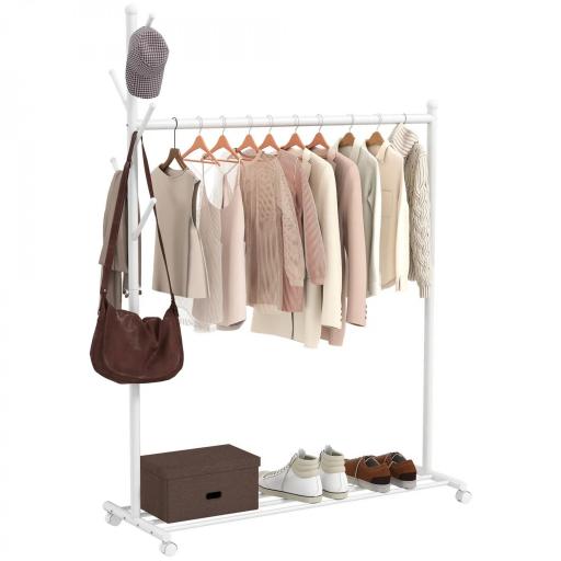 Burro para Ropa con Ruedas 5 Ganchos Barra para Colgar y Balda Inferior para Recibidor Entrada 120x43x171 cm Blanco [9]