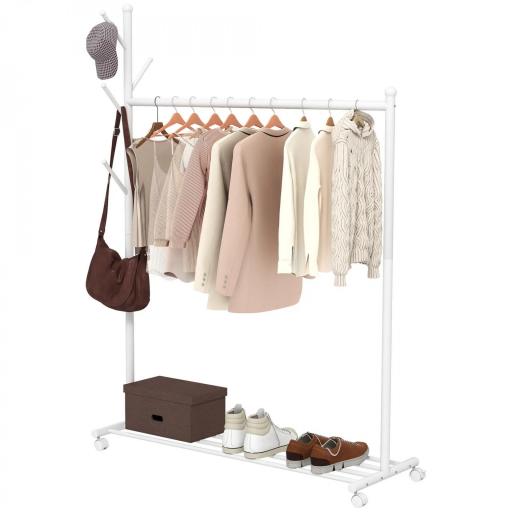 Burro para Ropa con Ruedas 5 Ganchos Barra para Colgar y Balda Inferior para Recibidor Entrada 120x43x171 cm Blanco [8]