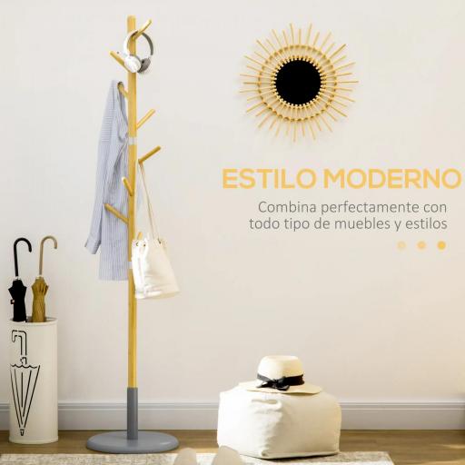Perchero de Entrada Recibidor con 8 Ganchos para Colgar Ropas Bolsas en Forma de Árbol Ø37,8x175,6 cm Natural y Gris [6]