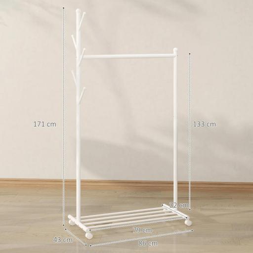 Burro para Ropa con Ruedas 5 Ganchos Barra para Colgar y Balda Inferior para Recibidor Entrada 86x43x171 cm Blanco [1]