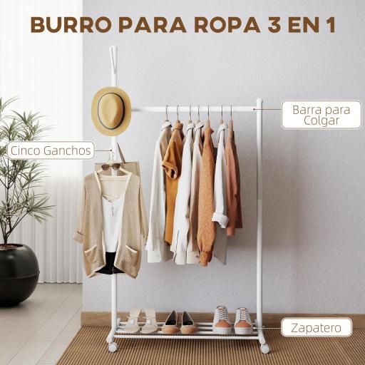 Burro para Ropa con Ruedas 5 Ganchos Barra para Colgar y Balda Inferior para Recibidor Entrada 86x43x171 cm Blanco [4]