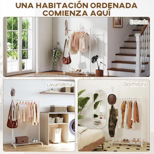 Burro para Ropa con Ruedas 5 Ganchos Barra para Colgar y Balda Inferior para Recibidor Entrada 86x43x171 cm Blanco [2]