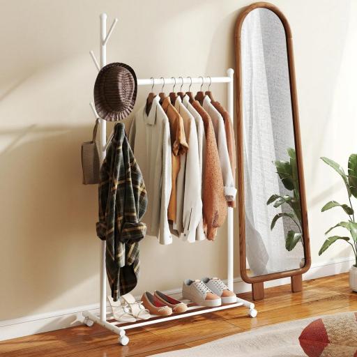 Burro para Ropa con Ruedas 5 Ganchos Barra para Colgar y Balda Inferior para Recibidor Entrada 86x43x171 cm Blanco [5]