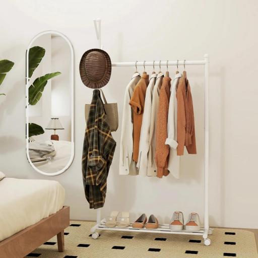 Burro para Ropa con Ruedas 5 Ganchos Barra para Colgar y Balda Inferior para Recibidor Entrada 86x43x171 cm Blanco [6]