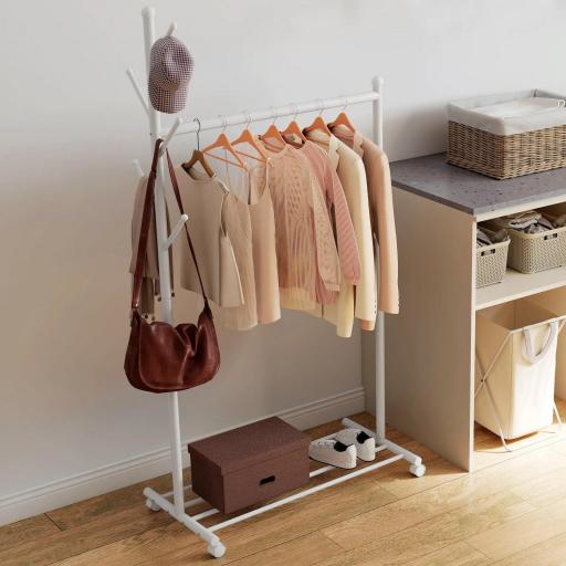 Burro para Ropa con Ruedas 5 Ganchos Barra para Colgar y Balda Inferior para Recibidor Entrada 86x43x171 cm Blanco [7]
