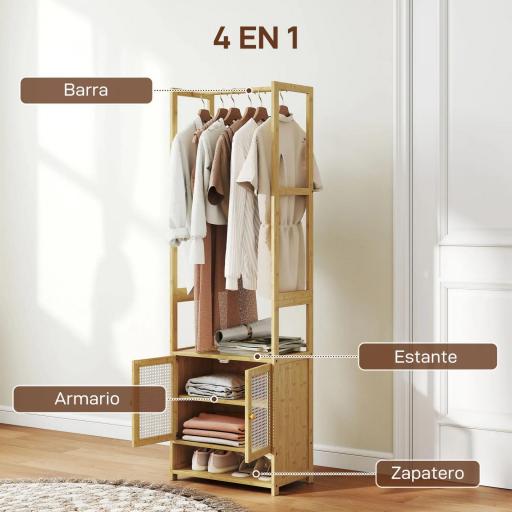 Perchero de Bambú con Armario Zapatero Barra para Colgar Estante Ajustable para Entrada Pasillo 53x31x168 cm Natural [2]
