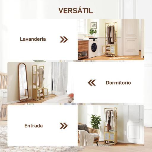 Perchero de Bambú con Armario Zapatero Barra para Colgar Estante Ajustable para Entrada Pasillo 53x31x168 cm Natural [4]