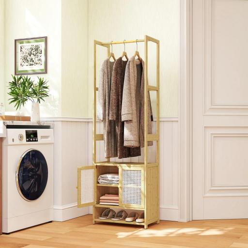 Perchero de Bambú con Armario Zapatero Barra para Colgar Estante Ajustable para Entrada Pasillo 53x31x168 cm Natural [5]