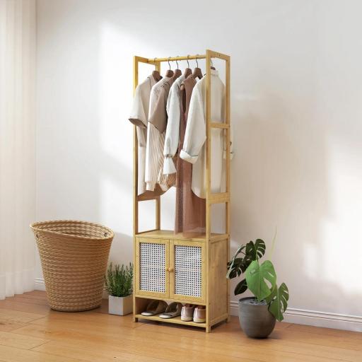 Perchero de Bambú con Armario Zapatero Barra para Colgar Estante Ajustable para Entrada Pasillo 53x31x168 cm Natural [6]