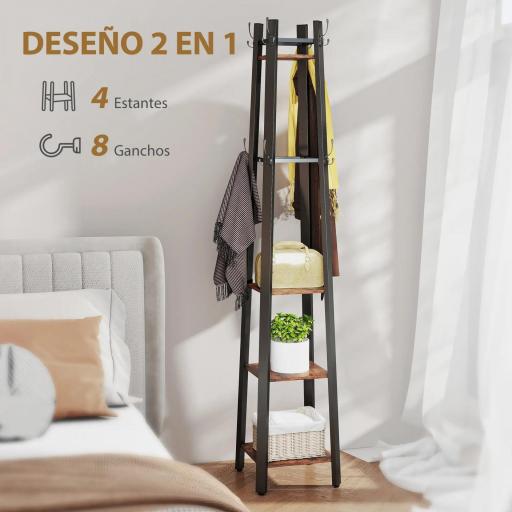 Perchero de Pie de 4 Niveles con 4 Estantes 8 Ganchos con Estructura Metálica para Colgar Ropa Sombrero Marrón Rústico [4]