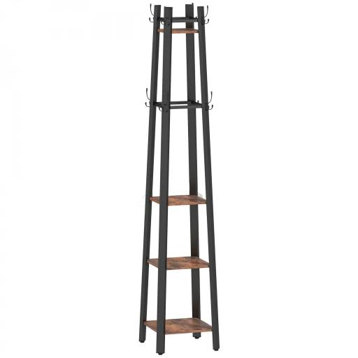 Perchero de Pie de 4 Niveles con 4 Estantes 8 Ganchos con Estructura Metálica para Colgar Ropa Sombrero Marrón Rústico [10]