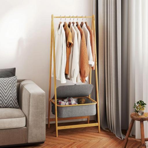 Burro para Ropa Plegable de Bambú con Cesta de Tela con Tapa para Recibidor Entrada Dormitorio 60x44,5x157,5 cm Gris