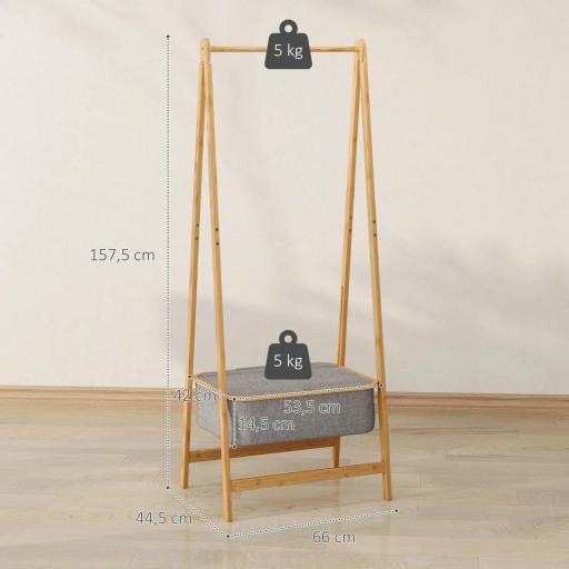 Burro para Ropa Plegable de Bambú con Cesta de Tela con Tapa para Recibidor Entrada Dormitorio 60x44,5x157,5 cm Gris [1]